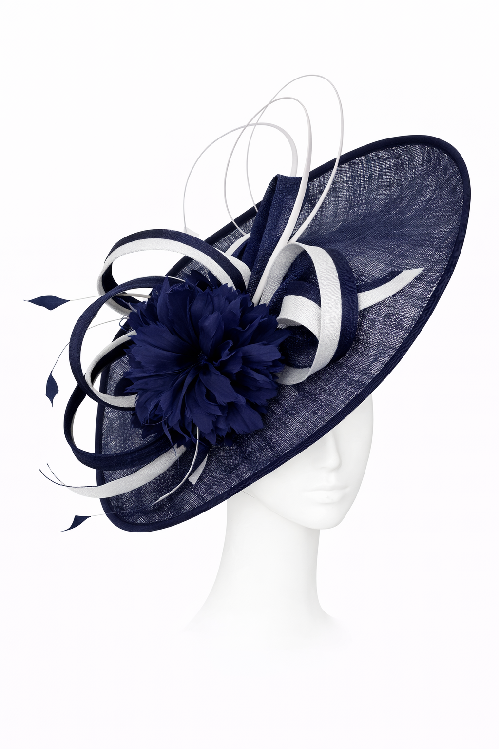Navy blue fascinator with decorative elements on a mannequin head against a white background