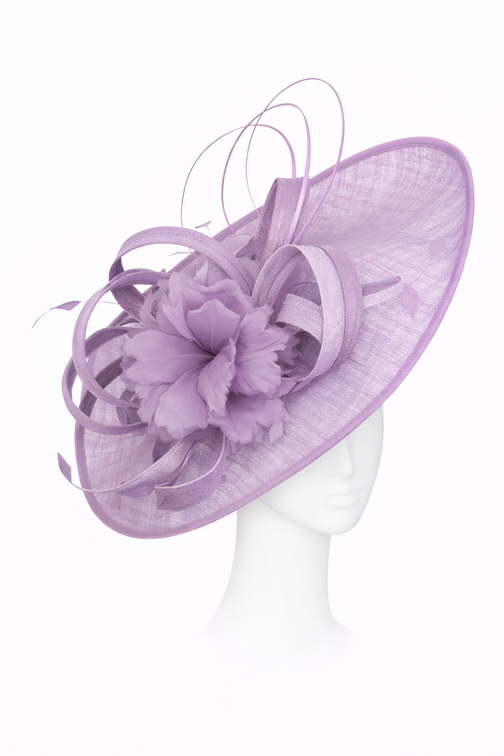 Lavender hat with floral details on a mannequin head against a white background