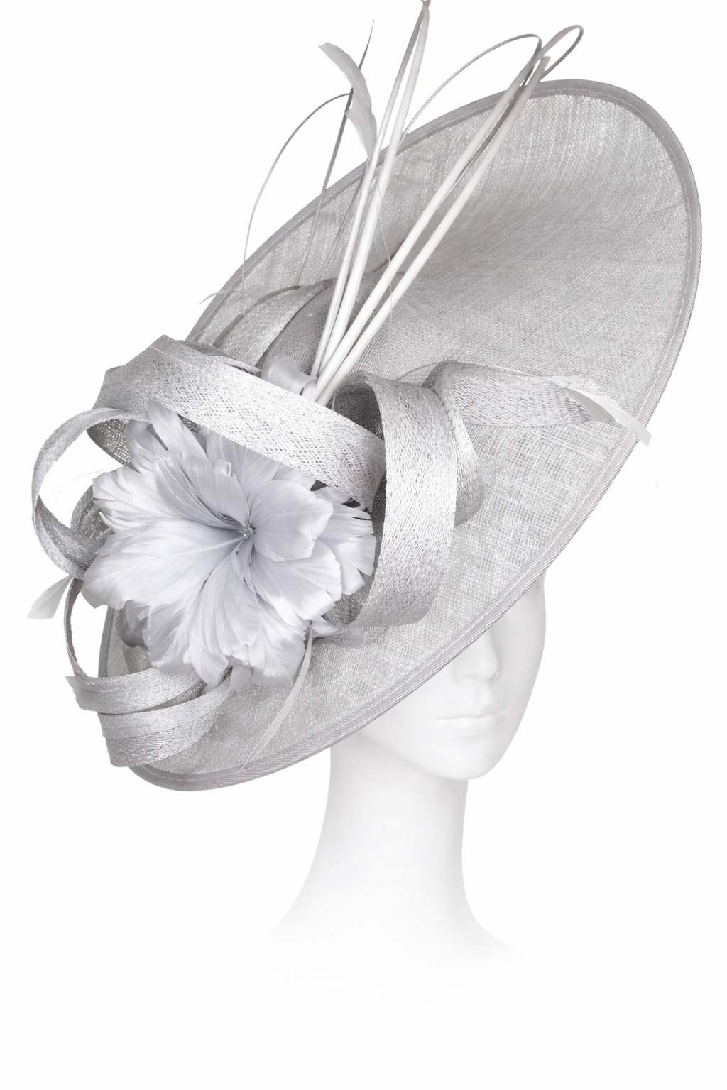 Silver decorative hat on a mannequin head against a white background