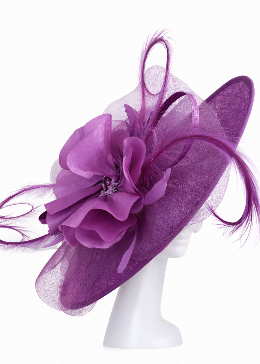 Purple floral headpiece on a mannequin head against a white background