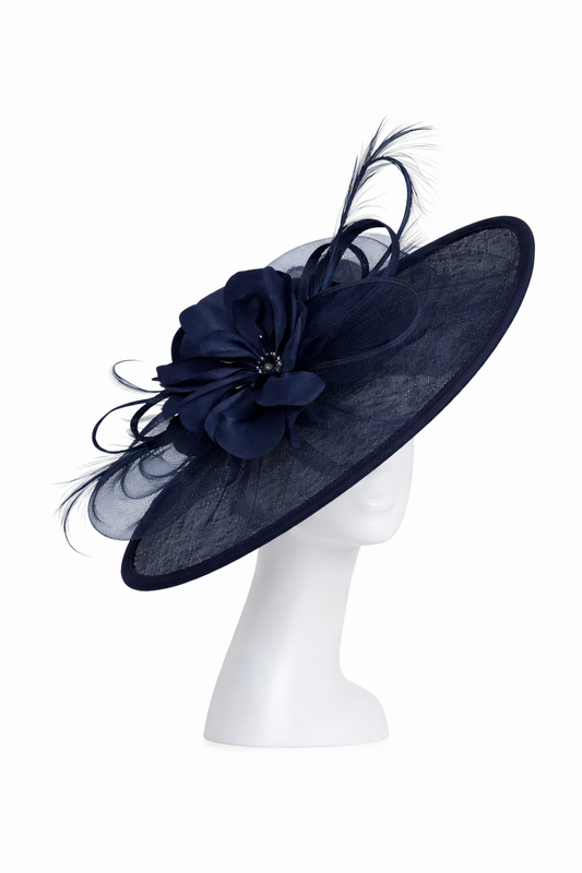 Navy blue hat with floral details on a mannequin head against a white background