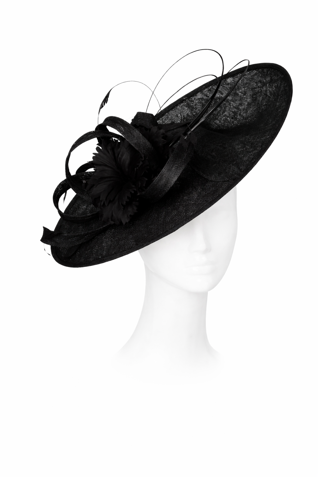 Black decorative hat on a mannequin head against a white background