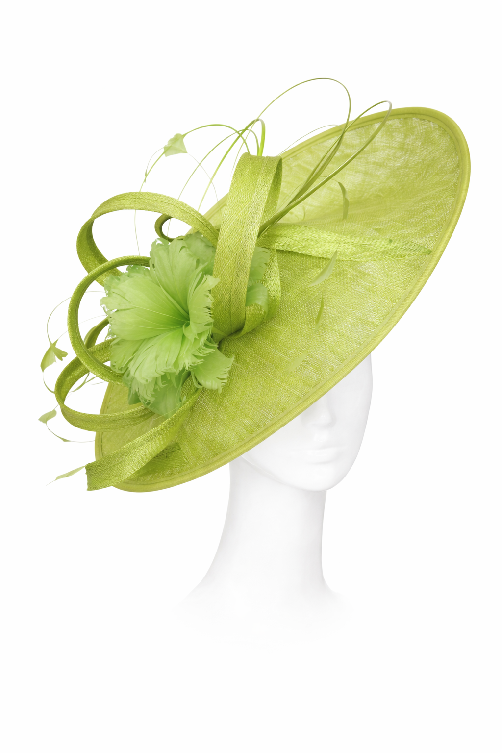 lime green decorative hat on a mannequin head against a white background