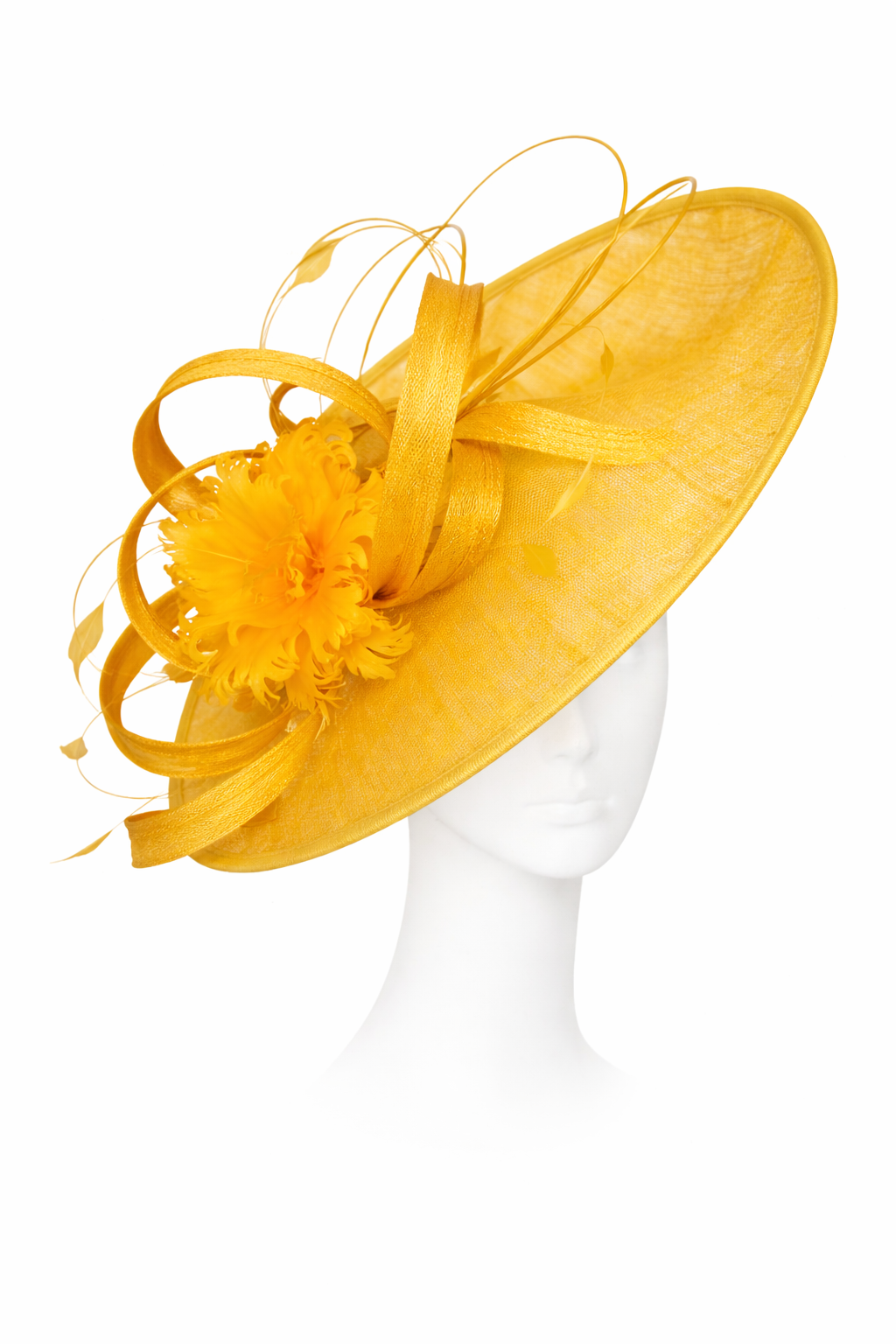 Yellow decorative hat on a mannequin head against a white background