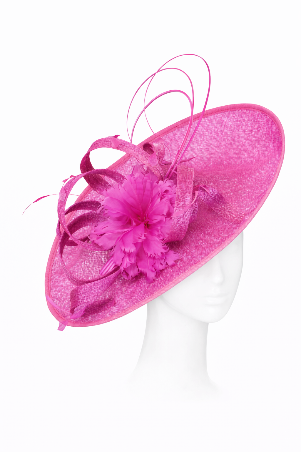 Pink decorative hat with feathers on a mannequin head against a white background