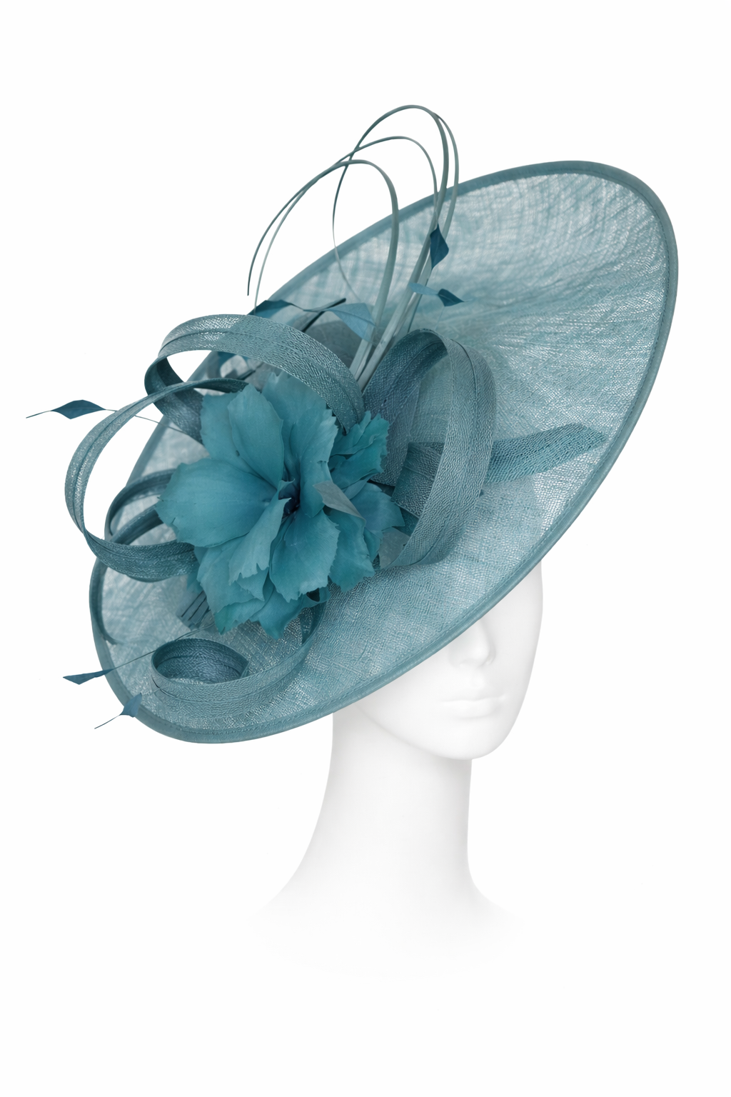 Teal hat with floral details on a mannequin head against a white background