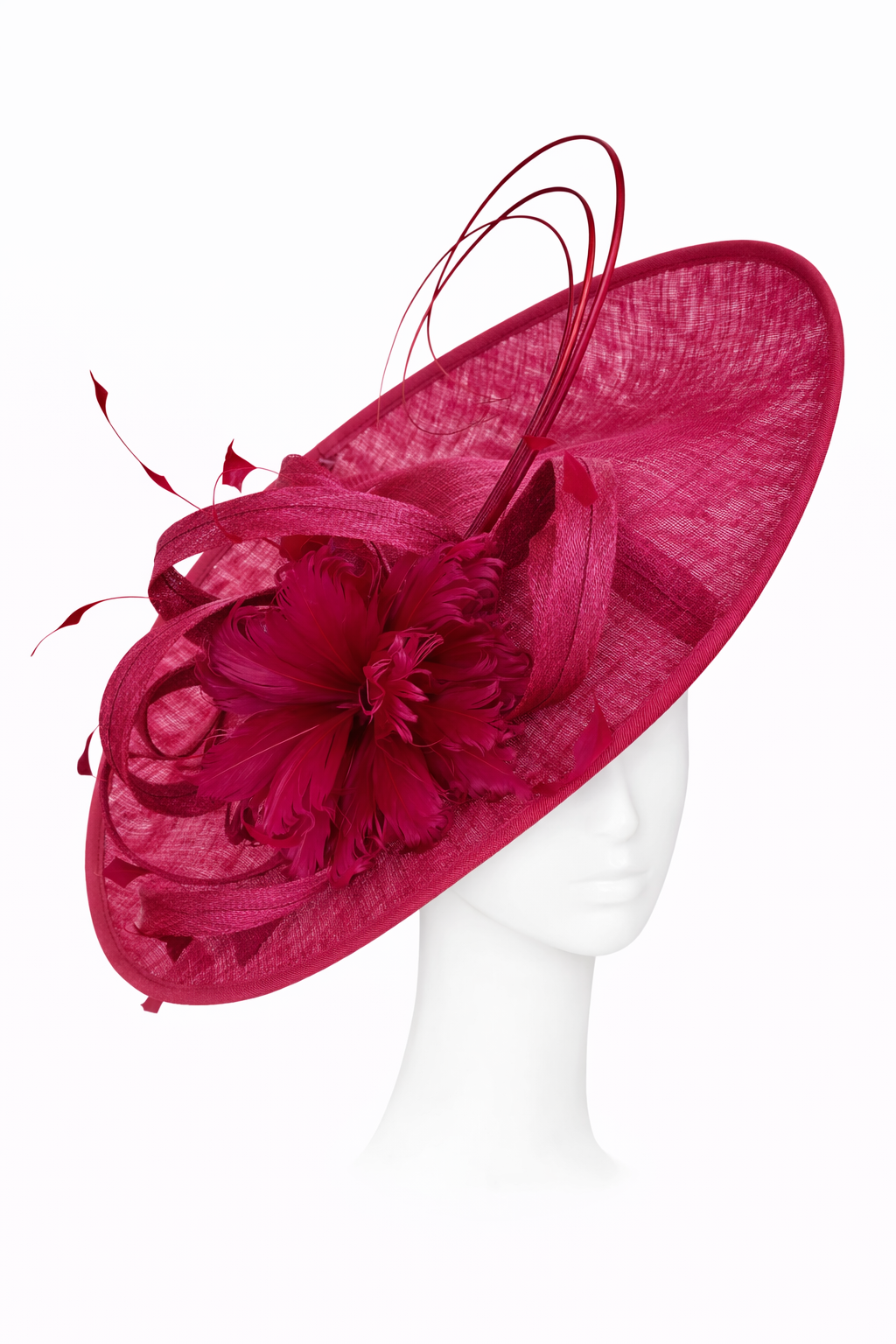 Fuchsia pink hat with floral details on a mannequin head against a white background