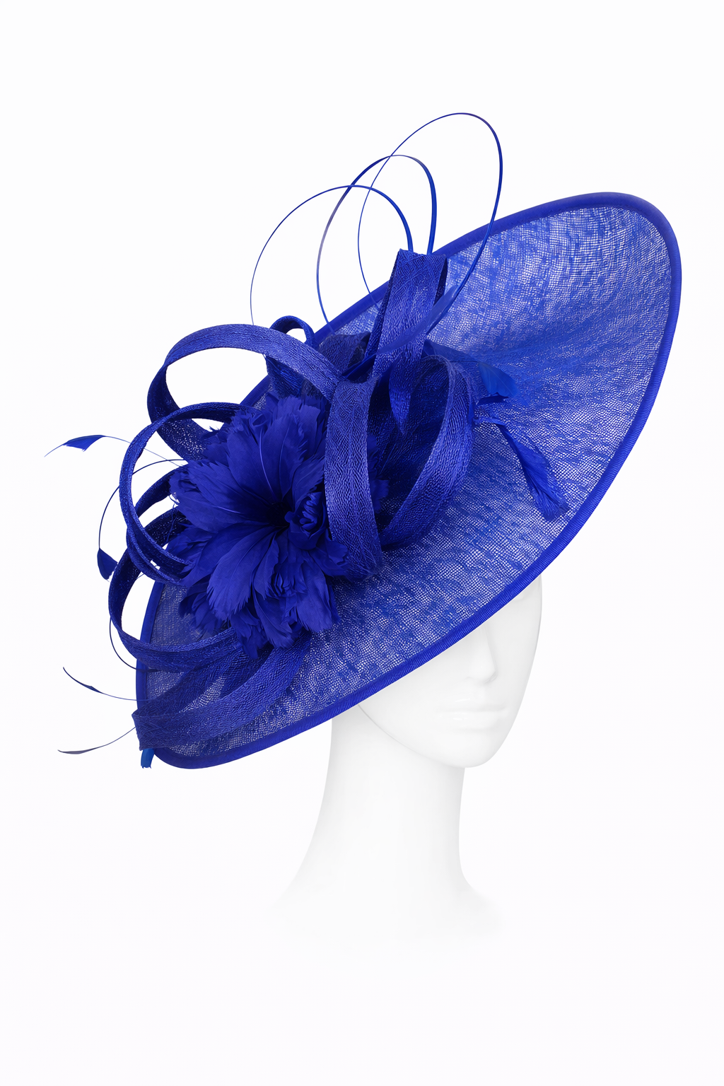 Blue decorative hat on a mannequin head against a white background