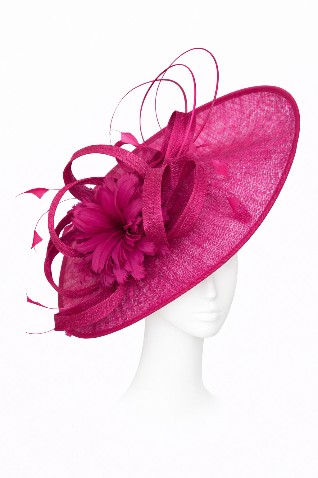 Fuchsia pink hat with floral details on a mannequin head against a white background