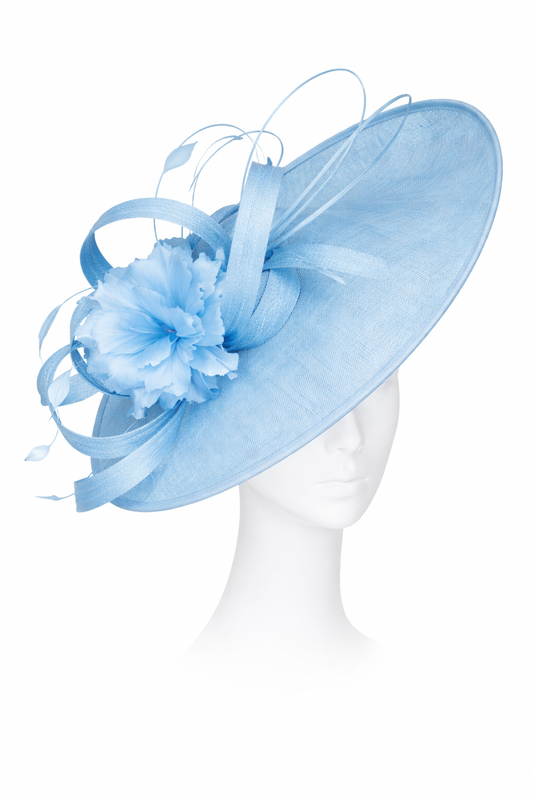 Light blue fascinator hat on a mannequin head against a white background