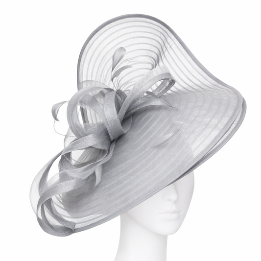 White decorative hat on a mannequin head against a white background