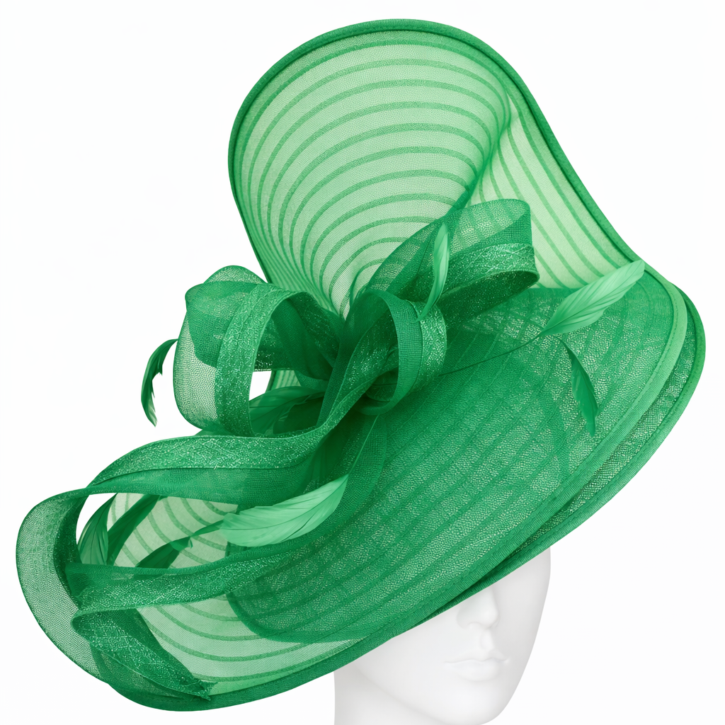 Green decorative hat on a mannequin head against a white background
