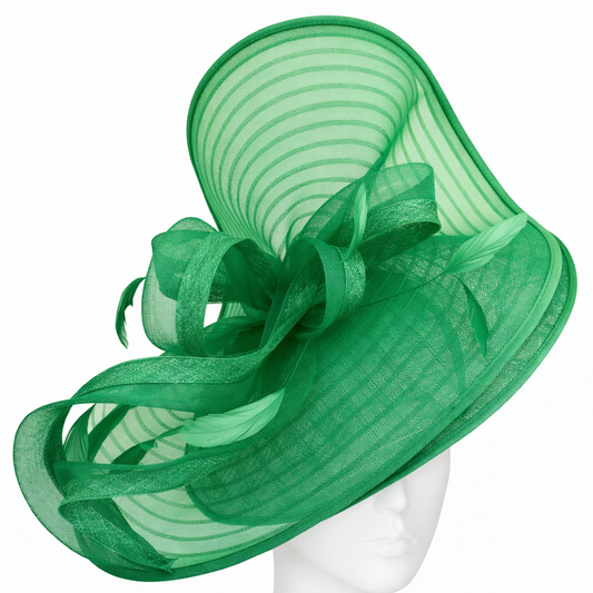 Green decorative hat on a mannequin head against a white background