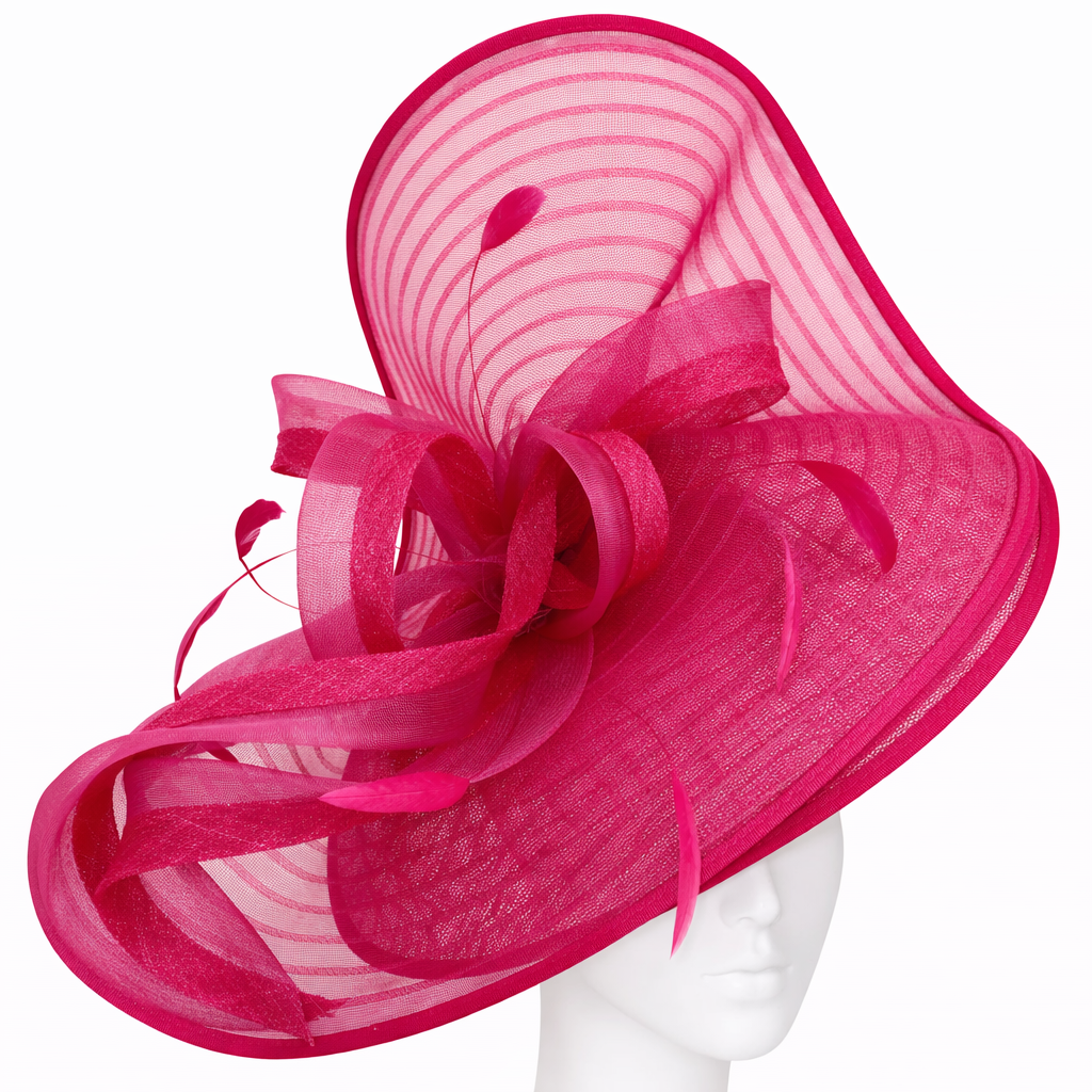 Fuchsia pink hat with decorative bow on a mannequin head against a white background