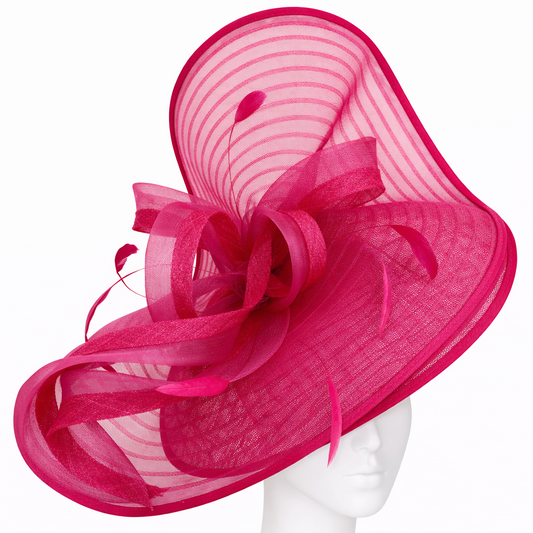 Fuchsia pink hat with decorative bow on a mannequin head against a white background