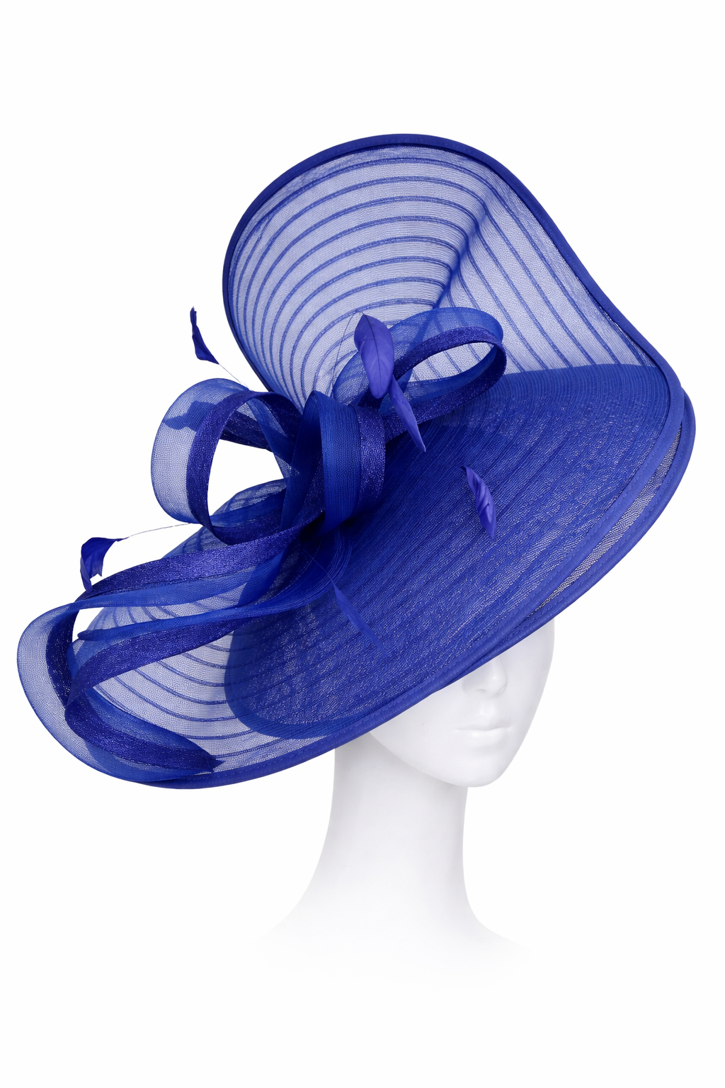 Blue decorative hat on a mannequin head against a white background