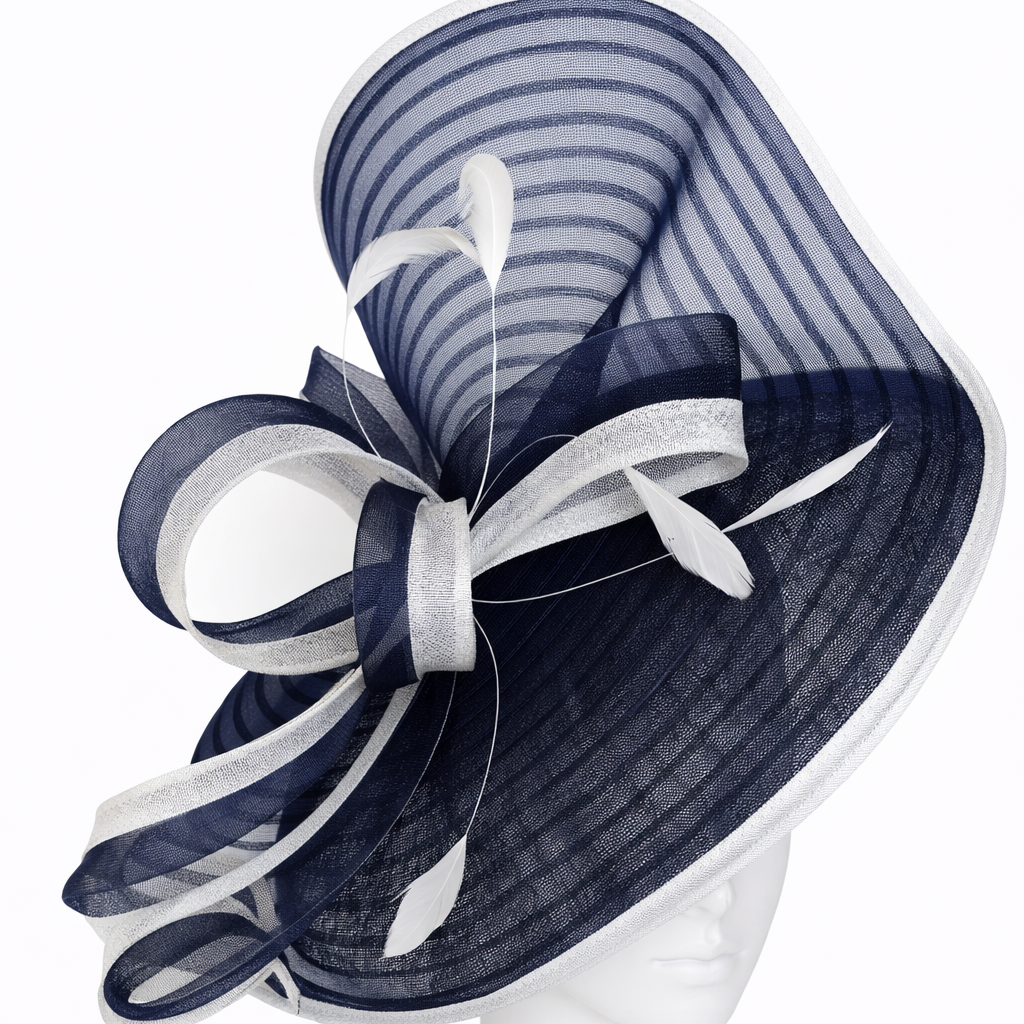 Navy blue and white decorative hat on a mannequin head against a white background
