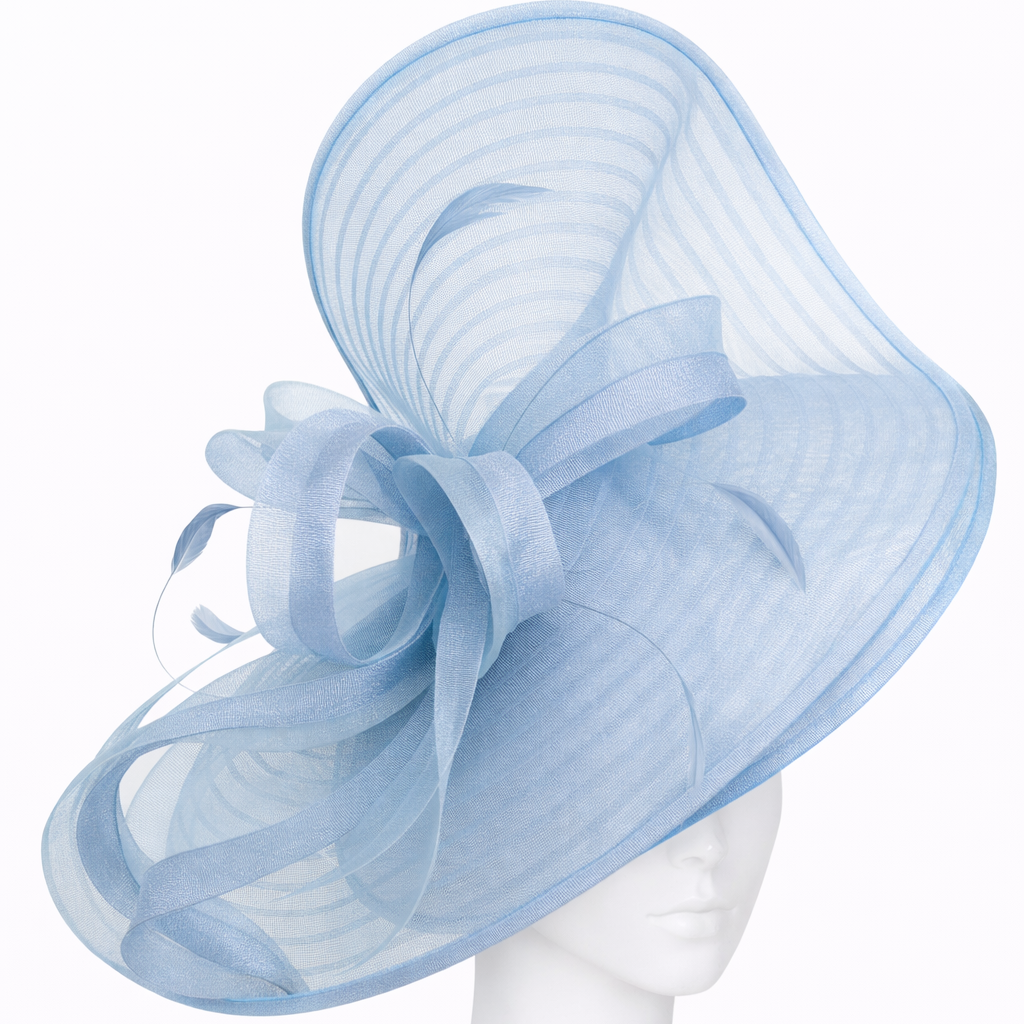 Light blue decorative hat on a mannequin head against a white background
